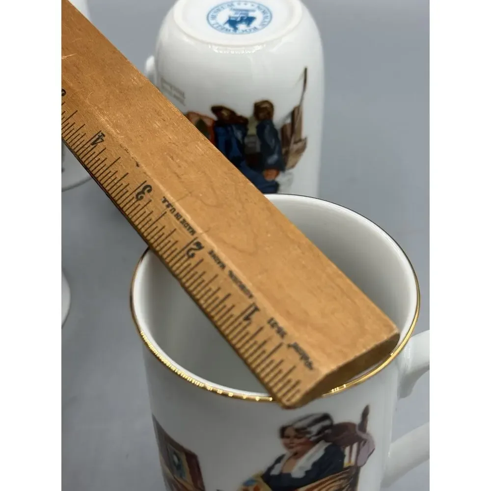Set 5 Norman Rockwell Museum Coffee Mugs Japan Gold Rim Vintage Cups